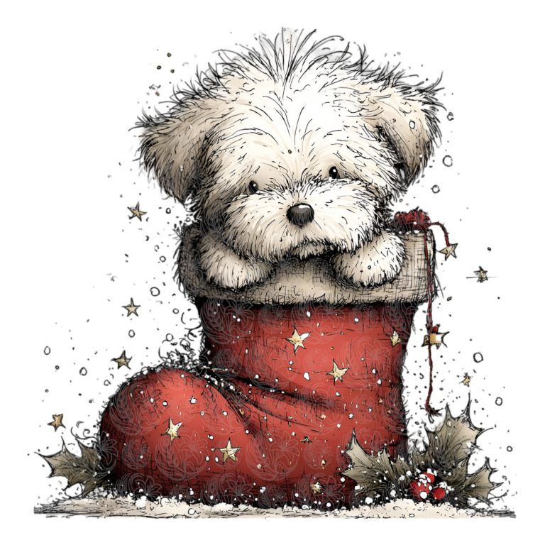 Cute dog christmas stocking illustration fluffy white puppy sitting in red star-covered boot with holly, Grey Barn Handwerk, Saskatchewan.